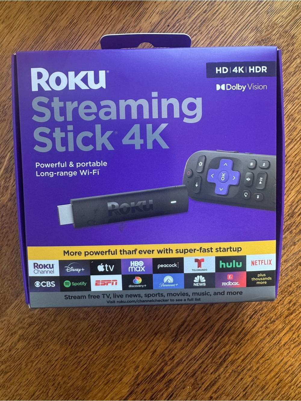 Roku Streaming Stick 4K — Purple Box with Black Stick and Remote